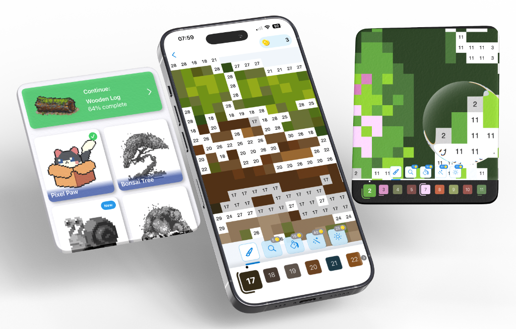 Pixel Purr gallery and colour-by-number canvas on iPad and iPhone