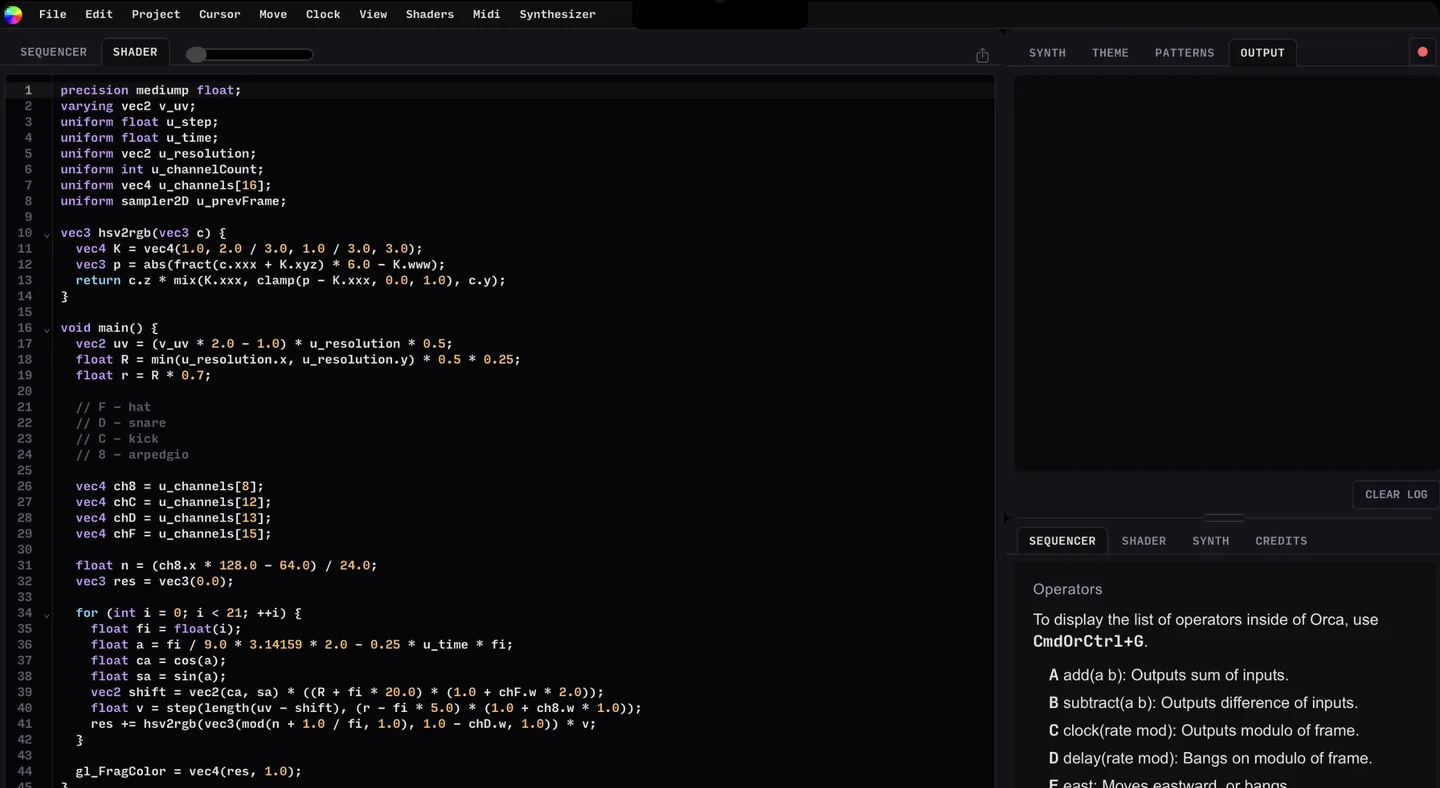 Orcalot GLSL editor beside the live sequence