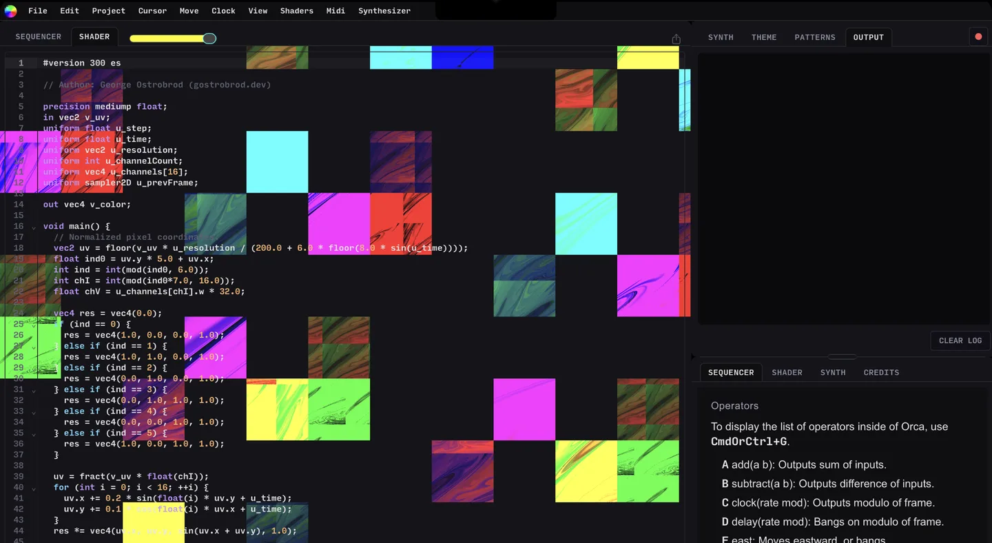 Orcalot shader editor with code-reactive graphics
