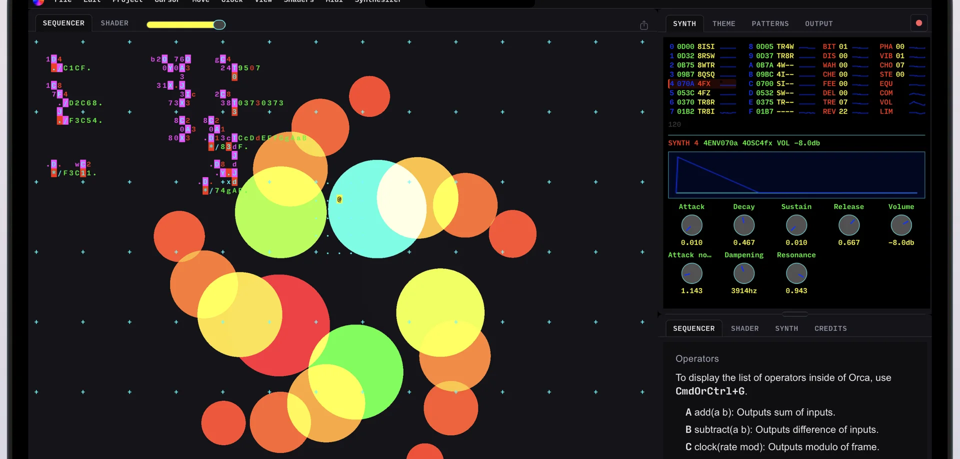 Orcalot workspace with a livecoded sequence, synthesizer controls and reactive visuals