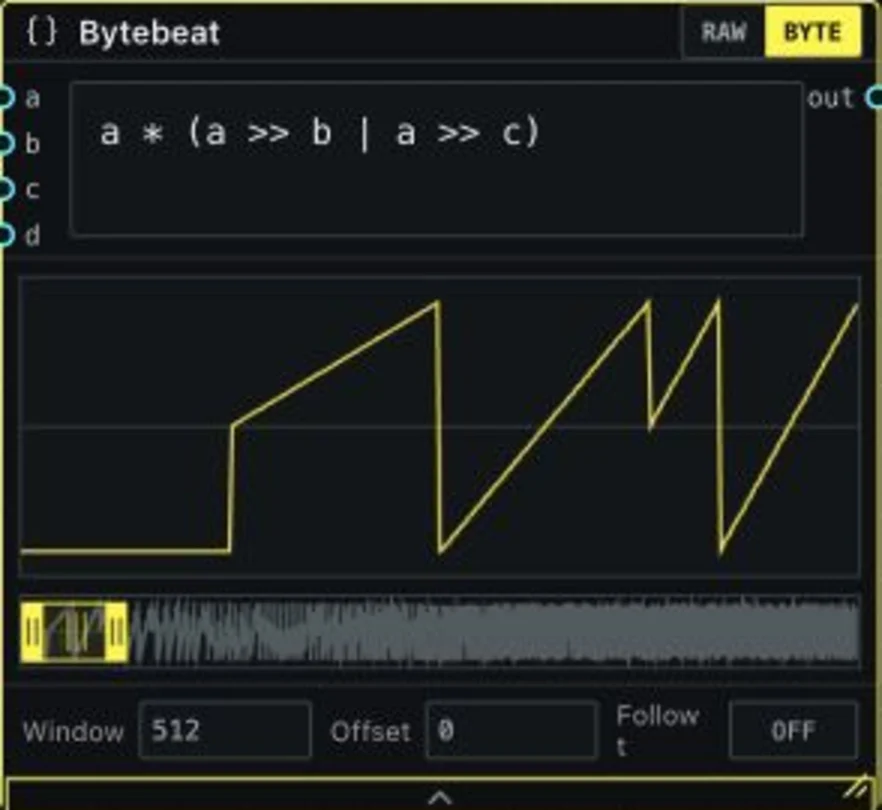 Expanded resizable NotBit Bytebeat node with expression editor, waveform navigator and follow controls