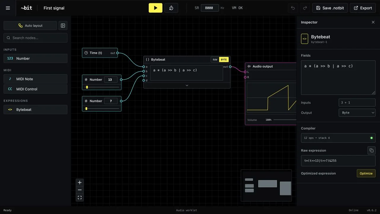 NotBit 0.6 workspace with automatic layout, routed nodes, live Audio output and Raw or Optimized expressions